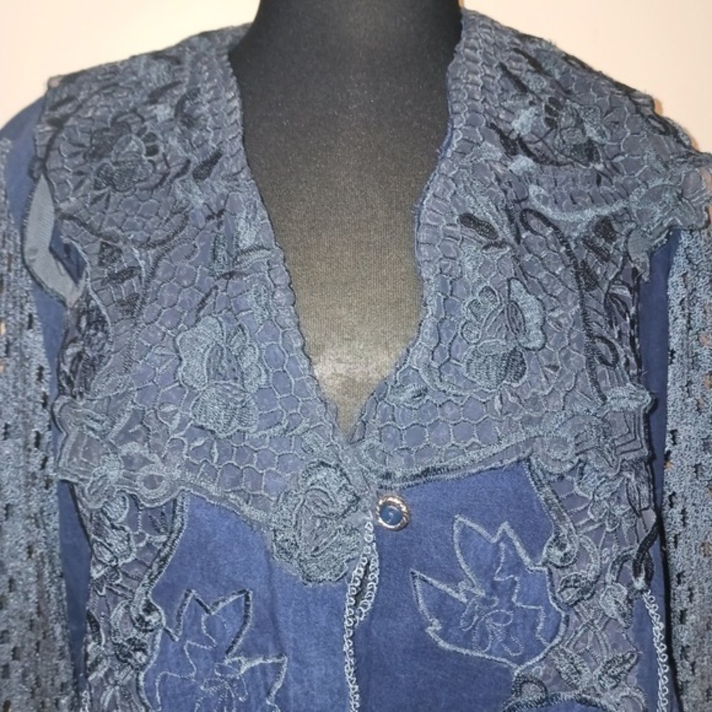 Newport News Styleworks Blue Lace Denim Crochet‎ Sleeve Blazer 4 Jacket